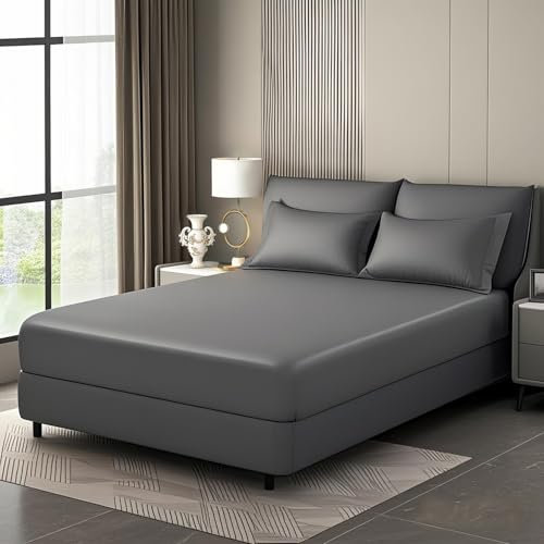 Luowei Satin Spannbettlaken Boxspringbett 140x200cm Sommer Bettlaken Dunkelgrau Seidig Seide Kühlend Microfaser Spannbetttuch 140x200 Weich Maschinenwaschbar für Hohe Matratze bis 25-30 cm