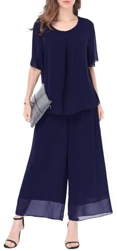 Women's 2 Piece Chiffon Sets Outfits Flowy Summer Casual Dressy Pantsuits Loose Double Layers Blouse Pants Sets Blue Navy