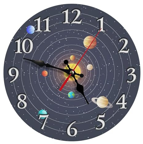 astylishome Reloj de jardín con diseño de planeta, sistema solar, redondo, silencioso, sin tictac, funciona con pilas, pintura artística para dormitorio, sala de estar, escuela, decoración del hogar