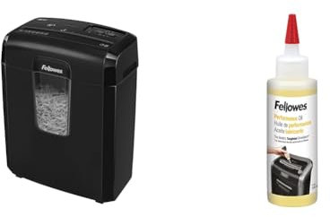 Fellowes Aktenvernichter 8 Blatt Partikelschnitt (P4) & Aktenvernichter-Öl, Inhalt: 120 ml, zur Pflege von Partikelschnitt- und Mikroschnitt Aktenvernichtern, einfache Dosierung