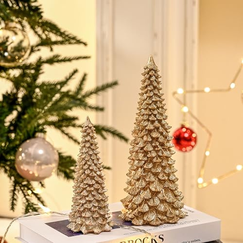 Gold Christmas Tree Figurines, Resin Glitter Xmas Tree for Tabletop Decor