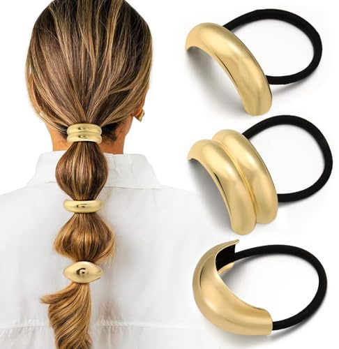Elastico per Capelli in Metallo, Elastico per Capelli Metallo Oro, Corde Elastiche Geometriche per Capelli, Elastici Capelli Donna Eleganti, Accessori Capelli Oro per Ragazze e Donne (3PCS)
