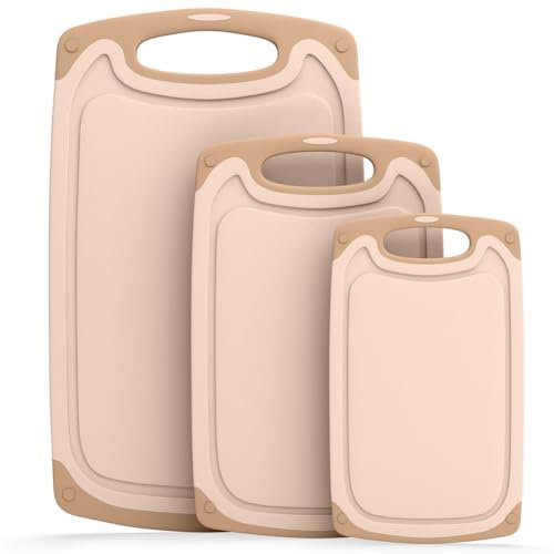 Blumtal planche a decouper - set avec 3 différentes tailles (S/M/L) - planche a decouper plastique sans BPA - planche à découper avec poignée - rigole à jus - passe au lave-vaisselle - robuste - beige