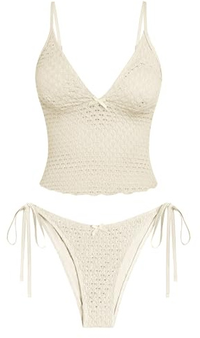 ZAFUL Tankini Swimsuits for Women Lace Jacquard Bowknot Decor Tummy Control High Cut Tanga Tankini Set(A-Beige, M)