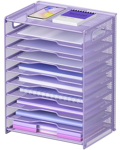OUTWOLF 10 Tier Paper Organizer - Letter Tray Mesh Desk File Organizer with Handles for Office School Desktop, Purple