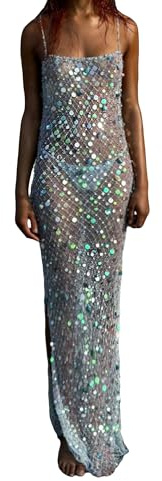 Women Y2K Sequin Sheer Mesh Cover Up Dresses See Through Rhinestone Glitter Beach Long Dresses Bikini Swim Coverups (A-Blue, L)