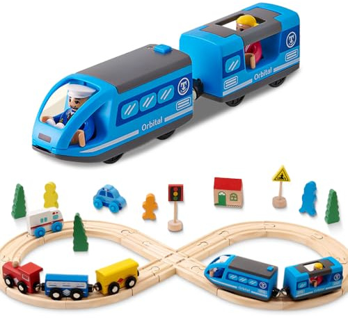 SKIKHN Treno Giocattolo per Bambini, Set di 35 Pezzi Treni e Giocattoli in Legno, Pista Trenino Legno Creativo, con Figure Umane, Luci di traffico, Regalo per Bambini 3+