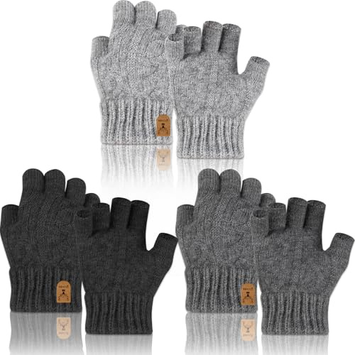 WinHoliLux 3 Pairs Fingerless Gloves for Men & Women, Winter Thickened Warm Mittens Thermal Knitted Half Finger Gloves for Outdoor Running Cycling Working Biking Driving
