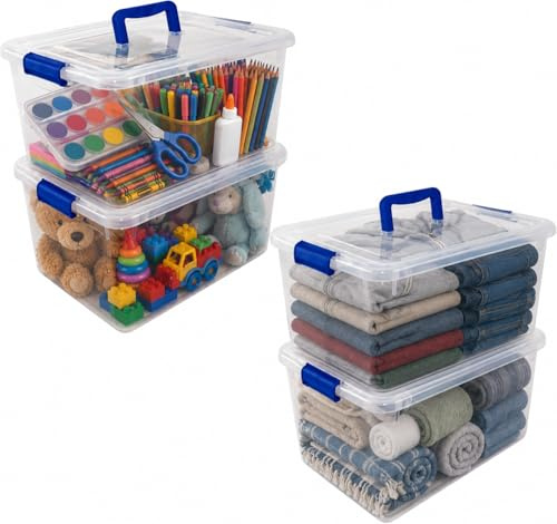 RelianceUK 4 X 15L Plastic Storage Box with with Lids and Handle - Nestable, Stackable, Durable Multi Purpose Clear Containers for Home, Kitchen and Office Tubs (15 Litres / 4 Pack) Made in U.K.