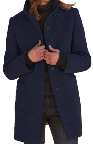 xxxiticat Damkappa av ullblandning enkel rad varm ståkrage långa blazerjackor trenchcoat med fickor S–3XL, Mörkblå, L