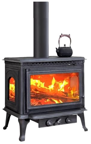 Gjutjärnspanna, vedeldad, 10 kW, upp till 150 m³, med eldfasta tegelstenar, med rengöringssystem för glasrutan, rökgasutlopp upptill