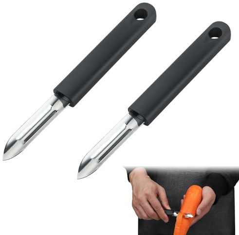 2 Pezzi Scaglia di Patate e Verdure Premium, Sbucciatore in Acciaio Inossidabile, Strisce di Verdure Professionale con Manico Antiscivolo, Rimozione Occhi di Patate Integrata