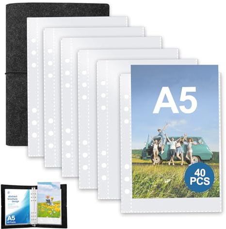 40 hojas de fundas de plástico transparente A5, fundas de plástico doble cara para carpetas, 80 fundas para fotos y 1 carpeta de anillas A5 para proteger papel, archivos y documentos