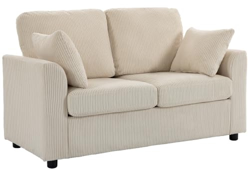 HOMCOM Canapé 2 Places en Velours Côtelé 144 cm Moderne 2 Oreillers Beige | Canapé de Salon, Assise Large Rembourrée, Coussin Épais à Ressorts, pour Chambre, Appartement, Petit Espace