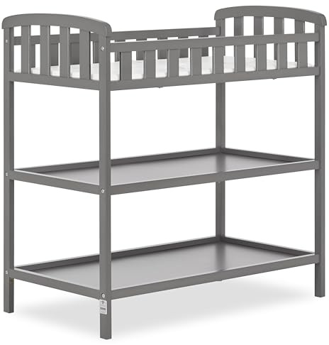 Dream On Me Emily Changing Table, Compact and Portable Solid New Zealand Pinewood, Safety Rails, Two Storage Shelves, Includes Water-Resistant 1 Changing Pad — Steel Grey