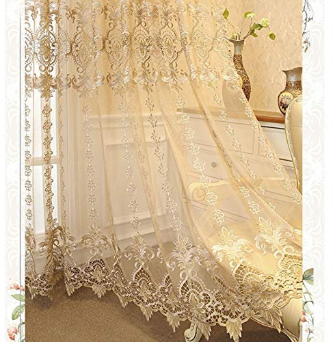 SAZDFY Beige Floral Voile Vorhang,Europäisch Luxus Tüll Vorhänge Zu Villa Wohnzimmer,Bestickt Voile Vorhang,Haken Oben-Blumen 200x270cm(79x106inch) 1pcs