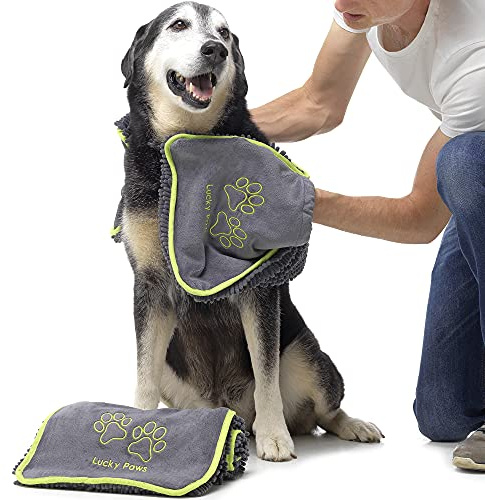 Lucky Paws® Dog Towel - Microfibre Chenille/Noodle Towels - UK Based Seller - Super Soft Pockets - Super Absorbent - Fast Drying - Pet/Puppy Grooming Accessories - 88x32cm - (Pack of 2, Grey)