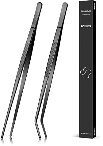 30cm Kochpinzette und Gebogene Pinzette, Präzisionsgezahnte Spitzen, Professionelle Küchenwerkzeuge aus Edelstahl zum Grillen, Plattieren und Servieren Schwarz