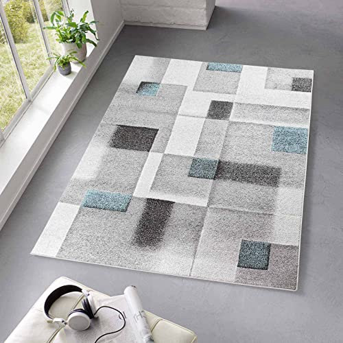 Taracarpet Kurzflor Teppich fürs Wohnzimmer Schlafzimmer und das Kinderzimmer Moderner Designerteppich TC-Fashion 6114 Karos in blau 160x220 cm