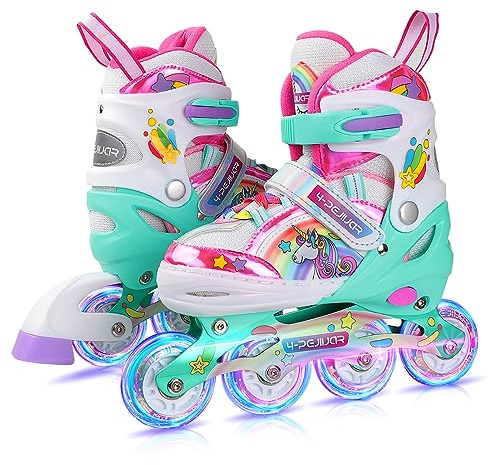 Unicorn Rainbow Inline Skates for Girls Teens Womans,4-Pejiijar Roller Skates for Girls Ages 6-8-12 w/Luminous Wheels,Kids Adjustable Roller Shoes for Birthday Xmas Gifts
