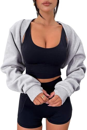 Zwurew Bolero Shrug Grey Sweatshirts Long Sleeve Workout Tops for Women 2024 Shrugs Y2K Clothes Gym Shrug