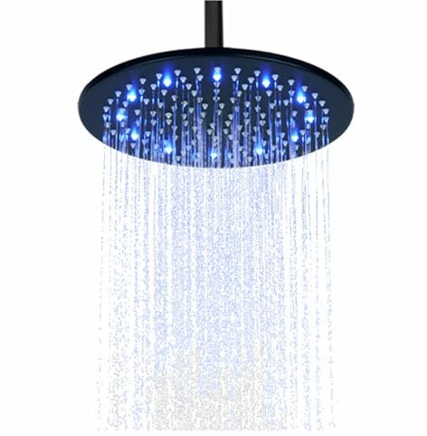 SWHC Led Shower Head, Light Up Shower Head, Black Rainfall Shower Head Color Changing for Bathroom, Round Rain Shower Head, High Flow Fixed Showerhead Temperature Controlled 3 Color, Stainless Steel