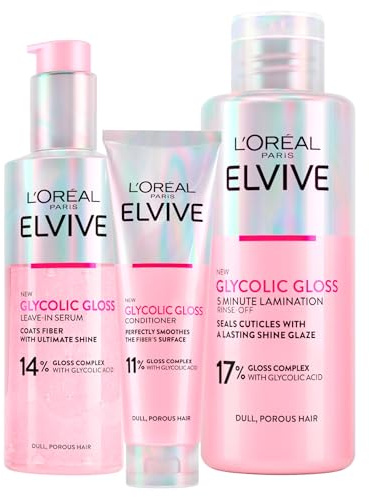 L'Oréal Paris, Elvive Glycolic Gloss, 5 Minuten-Laminierungsbehandlung (200 ml) + Serum ohne Ausspülen (150 ml) + Spülung (150 ml), Set für stumpfes und poröses Haar, intensiver und langanhaltender