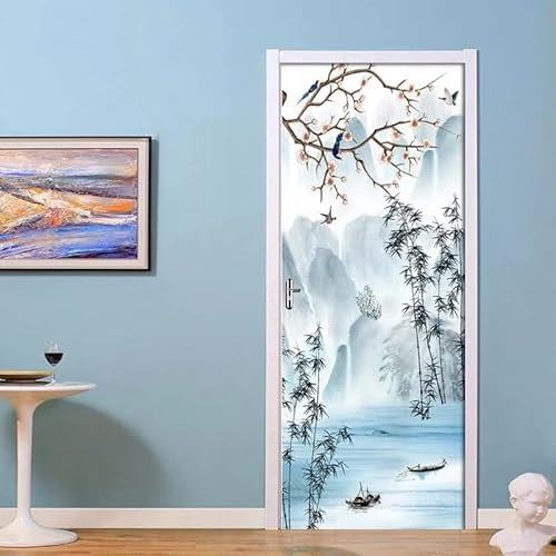 Türtapete Selbstklebend 90x200 Chinesischer Stil Türaufkleber 3D Türposter Tintenlandschaft Fototapete Türfolie Türklebefolie Wasserdichte für Türwand Dekoration Tapete a6492