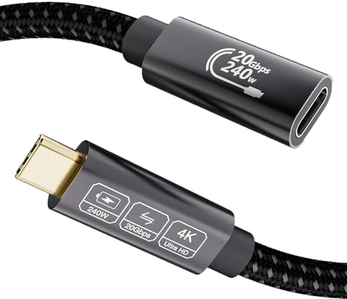 EUDOBEL 240W USB C Förlängning 1m,USB Typ C 3.2 Gen2 Förlängning 4K@144Hz 5K@60Hz,USB C Förlängningskabel 20Gbps Hane till Hona för Thunderbolt 4,iPhone16,iPhone15, Switch,MacBook,VR,SSD