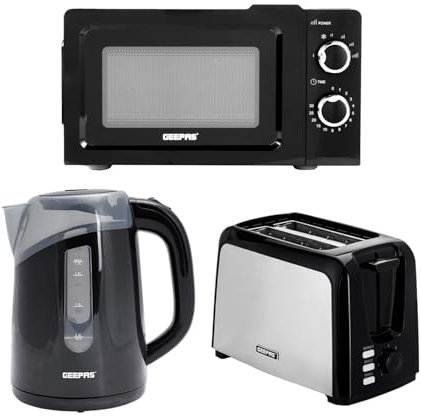 Geepas 2 Slice Bread Toaster, 1.7L Illuminating Electric Kettle & 20L 700W Solo Manual Microwave Oven Combo Set | 750W Toaster, 7 Level Browning Control, 2200W Cordless Jug Kettle, Auto Shut Off