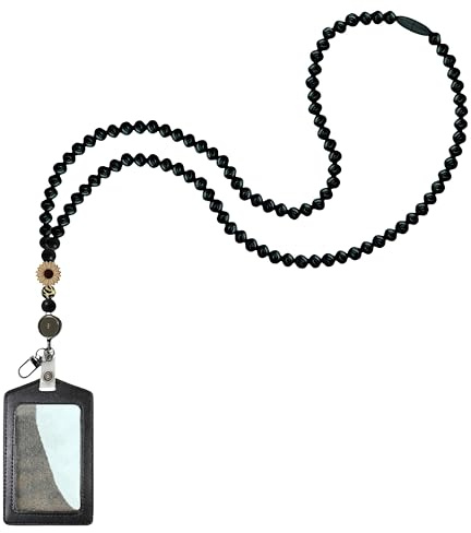 Wood Black Breakaway Teacher Lanyard with PU ID Holder Retractable Reel Beaded Cute Badge Lanyards for ID Badges for Women