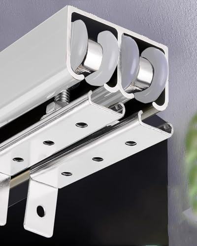 Minglez Kit Porte Coulissante Rail de Porte Coulissante Double Robuste, Argenté, avec Deux Poulies, pour Porte de Grange, Montage par Le Haut, pour Armoires, Placards et Buanderies.(3.2ft/97.5cm)