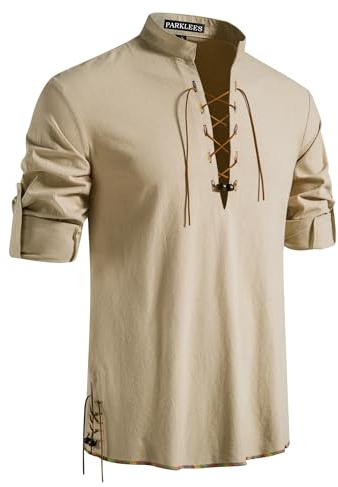 PARKLEES Men's Medieval Viking Pirate Retro Lace Up Long Sleeve Shirts for Renaissance Halloween Cosplay Costumes Khaki Medium