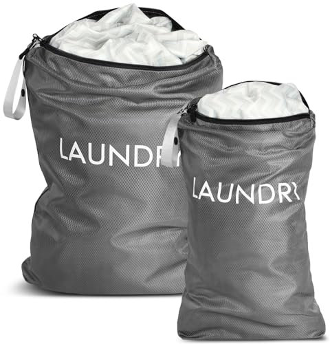 AOOTE Sacchi da Biancheria, 2 Pezzi Borsa da Lavanderia Viaggio, Sacco Lavanderia Sporca con Zip, Riutilizzabile Sacco Portabiancheria, Borsa per Vestiti Pieghevole per Vestiti sporchi, Grigio
