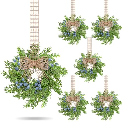 VioraWhite 6 Pcs Artificial Blue Berry Mini Wreaths Small Vintage Kitchen Cabinet Wreath with Retro Burlap Ribbon for Farmhouse Rustic Front Door Window Wedding Bridal Shower Party Chair Wall Decor