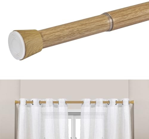 Barra de cortina sin taladrar telescópica, metálica y extensible de 28 mm de diámetro, Instalación a presión, resistente, Ideal para cortinas, armarios y baños STORESDECO Color Madera 120-210 cm