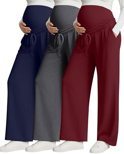 Huukeay 3 Pack Women's Maternity Pants Over The Belly Drawstring Pregnancy Pants Stretchy Lounge Trousers with Pockets(Navy Blue, Heather Gray, Wine Red,Medium)
