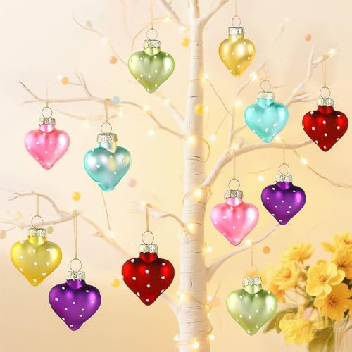 H&D HYALINE & DORA 12er-Pack 38 mm (1,5 Zoll) herzförmige Glas-Ornamente, Herzkugeln zum Valentinstag, Mini-Glasherz-Dekorationen für Feiertage, Partys, Heimdekorationen (6 Farben)