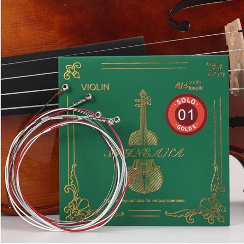Juego completo de cuerdas de violín 4/4 con cuerda E dorada adicional | Núcleo sintético de alta calidad para un sonido cálido y rico y proyección mejorada | Tensión media, probado en conciertos | Se