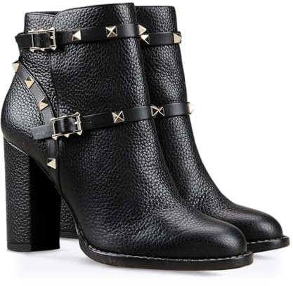Botines de Tacón Grueso para Mujer Botines Cortos Clásicos de Punta Redonda para Fiestas Zapatos de Vestir con Hebilla y Remaches para Otoño e Invierno,Negro,39 EU