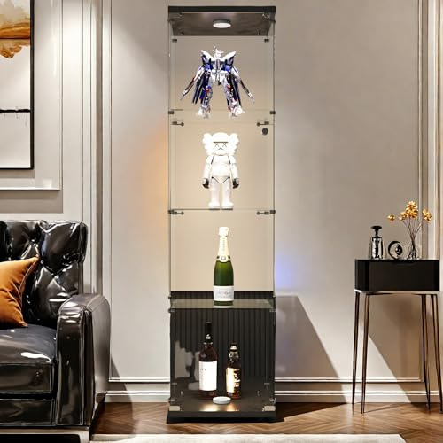 Vitrine sur pied en verre avec serrure et éclairage LED - Vitrine de collection avec 1 portes et 4 étagères - Vitrine en verre pour objets de collection, livres, vin - 42,5 x 36,5 x 163,9 cm (noir, 1