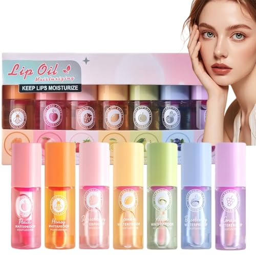 7PCS Hydrating Lip Oil Set,Color Changing Lip Gloss,Tinted Lip Balm,Long Lasting Moisturizing Lipstick for Women,Transfer-Proof Lip Care,Dry Lips Treatment,Non-Sticky,Fruit Scent,Lightweight Texture