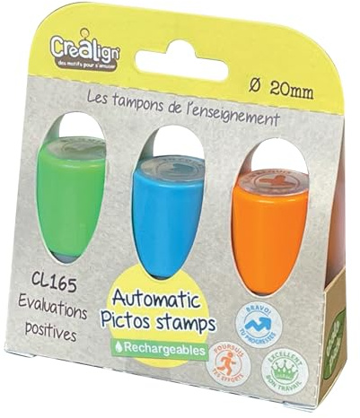 Créa Lign’ | Tampons Automatiques Évaluations Positives | 3 Tampons Encrés Rechargeables | Notation Ludique Enseignant | École Primaire & Maternelle, Bleu/Vert/Orange