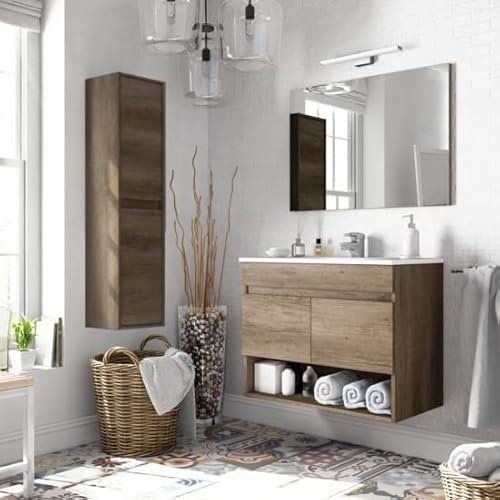 Bagno Italia Badezimmermöbel, 80 cm, Eiche mit Waschbecken, Spiegelsäule inklusive moderner Hängemöbel