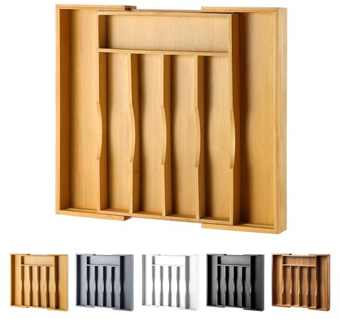 Bamboo Kitchen Drawer Organizer-Expandable Silverware Tray for Drawer/Utensil Holder and Cutlery Tray with Grooved Drawer Dividers for Flatware and Kitchen Utensils by oridom (Natural)