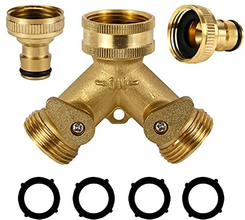 VISCAL 3/4 Tap Y Splitter Brass Manifold, Two Way Hose Tap Connector, Outdoor Double Y Valve Water Tap Splitter with Individual On/Off Valves, for Standard Faucet Update