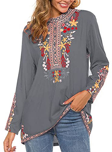 Seasonal Tunique brodée Indienne pour Femme, Style bohème, Folklore, Haut en Coton, Manches Longues, décontracté,Gris 101,L