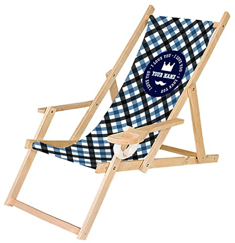 Ferocity Holz-Liegestuhl Personalisierbar Klappbar Klappliegestuhl mit Armlehne und Getränkehalter Strandstuhl Motiv Blau Kariert [119]