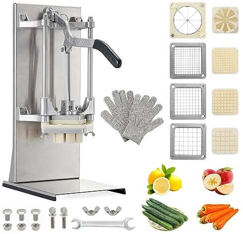 POWLAB 4in1 Commercial French Fry Cutter & Lemon Slicer & Vegetable Chopper - Stainless Steel with Extended Handle - 4 Blades for Home, Bar, Restaurant - Dice, Slice & Chop 1/2, 3/8, 1/4, 8 Wedge