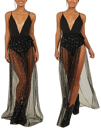 Mikihat Jupe en Tulle Femme Longue, Jupe Longue Noir Transparente, Jupe de Plage Femme Longue S, Jupe Gothique Cosplay pour Halloween, Noël, Mariage, Soirée, Cocktail